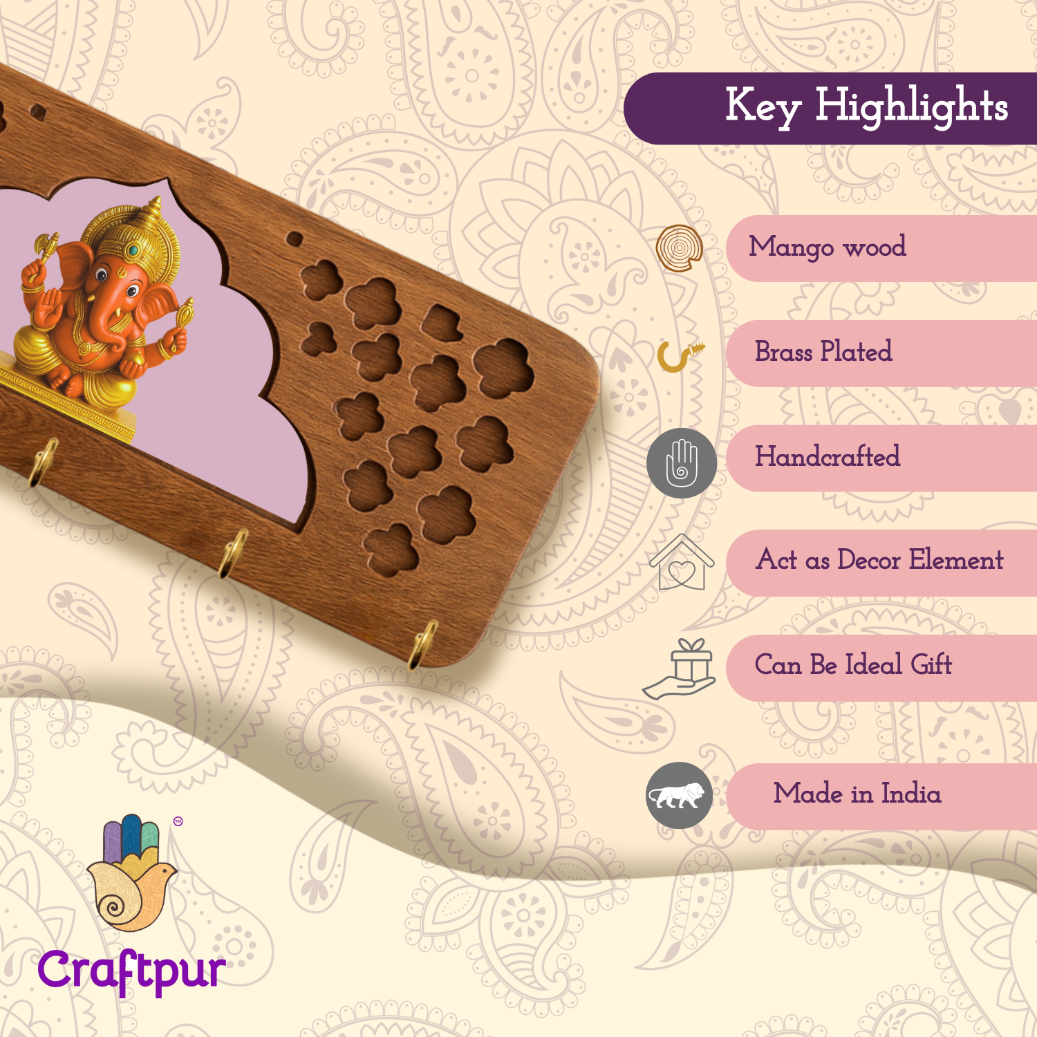 Craftpur Solid Wood Jharokha Ganesh ji Keyholder
